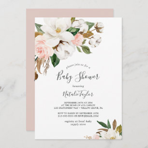 Invitation Élégant Magnolia Baby shower blanc et blanc