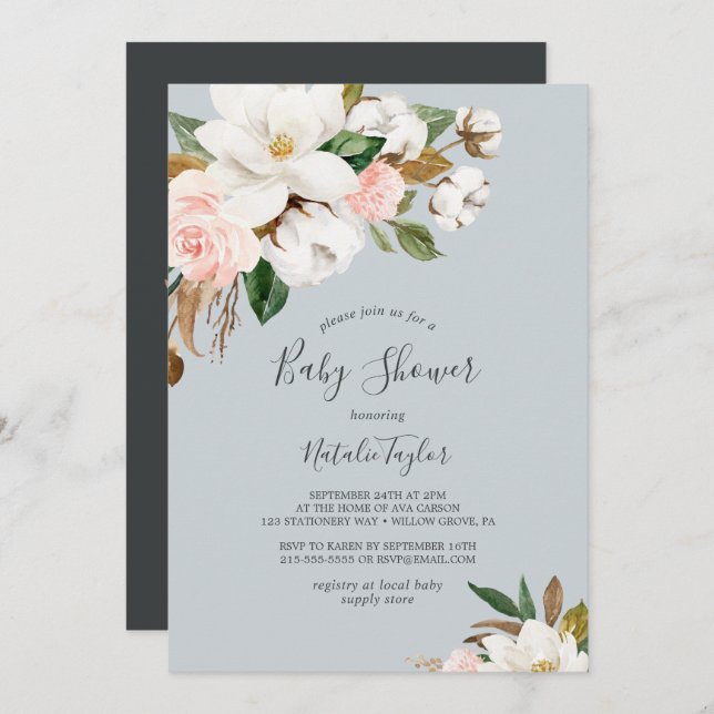 Invitation Élégant Magnolia | Baby shower gris bleu (Devant / Derrière)