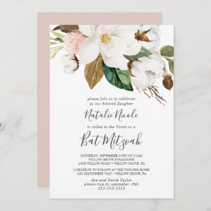 Invitation Élégant Magnolia   Bat mitzvah blanc et blanc