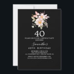 Invitation Élégant Magnolia | Black and White 40th Birthday<br><div class="desc">Célébrez un 40e anniversaire marquant avec cette invitation sophistiquée et moderne. Doté d'un design noir et blanc intemporel, il présente un luxueux agencement aquarelle de pivoines roses rousses, d'élégantes magnolias blanches et des accents de coton doux, complétés par des feuilles dorés et verts. Personnalisez le dos avec le nom de...</div>