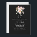 Invitation Élégant Magnolia | Black and White 40th Birthday<br><div class="desc">Célébrez un 40e anniversaire marquant avec cette invitation sophistiquée et moderne. Doté d'un design noir et blanc intemporel, il présente un luxueux agencement aquarelle de pivoines roses rousses, d'élégantes magnolias blanches et des accents de coton doux, complétés par des feuilles dorés et verts. Personnalisez le dos avec le nom de...</div>