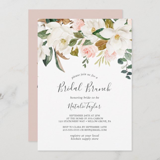 Invitation Élégant Magnolia | Brunch nuptial blanc et blanc (Devant / Derrière)