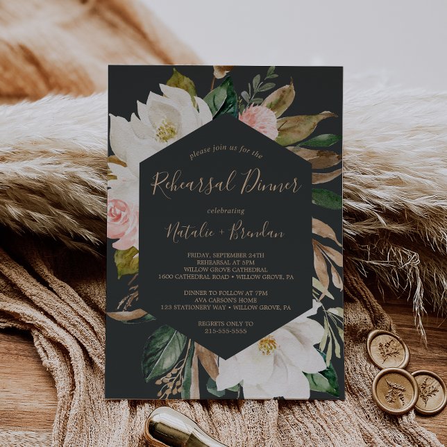 Invitation Elégant Magnolia Dîner de répétition noir et blanc (Créateur téléchargé)