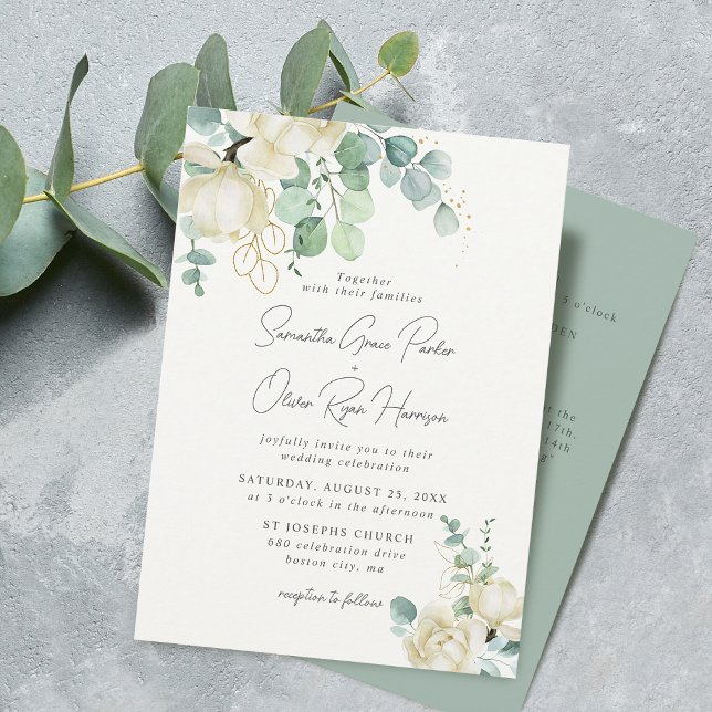 Invitation Elegant Magnolia Eucalyptus Mariage Détail et (Elegant Magnolia Eucalyptus Wedding Detail and Invitation)