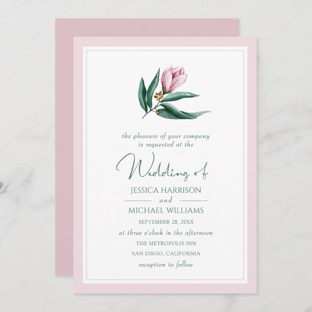 Invitation Élégant Magnolia Fleur simple Dusty Mariage rose (Devant / Derrière)