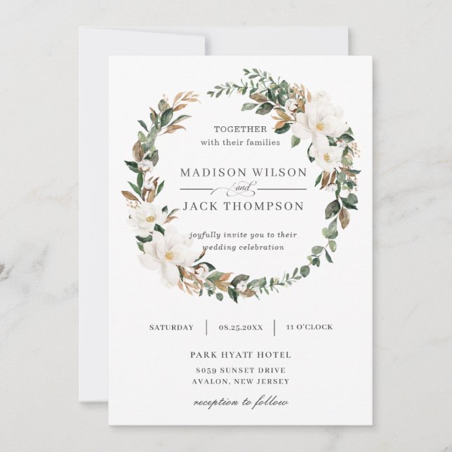 Invitation Élégant Magnolia Floral Greenery Mariage (Devant)