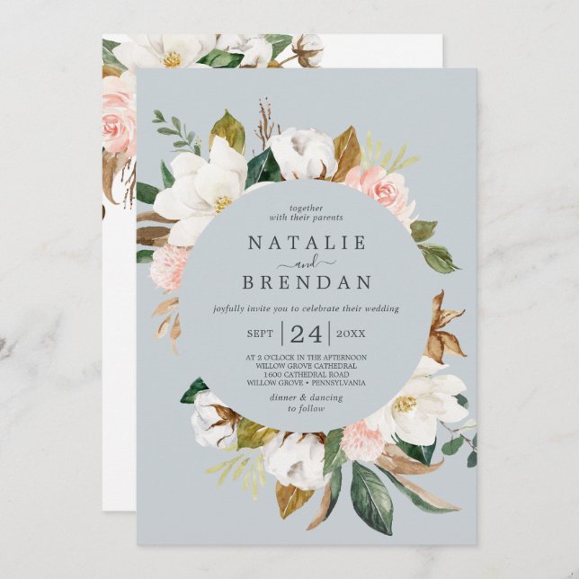 Invitation Élégant Magnolia | Mariage avant et arrière gris b (Devant / Derrière)