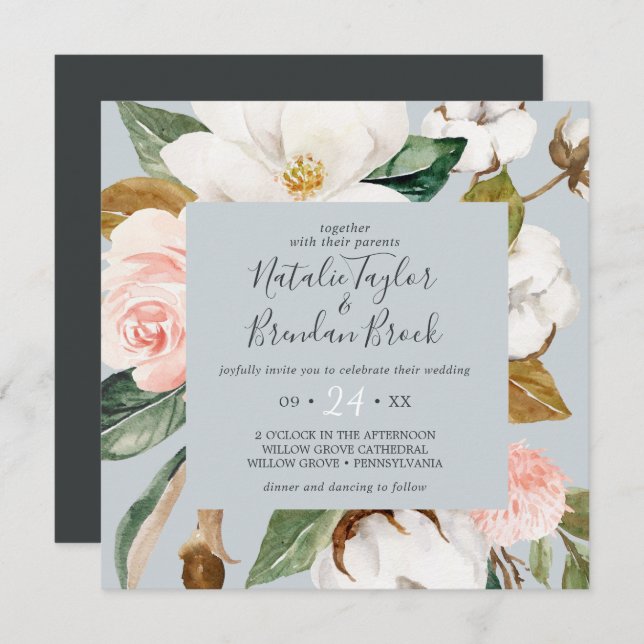 Invitation Élégant Magnolia | Mariage Carré gris bleu (Devant / Derrière)