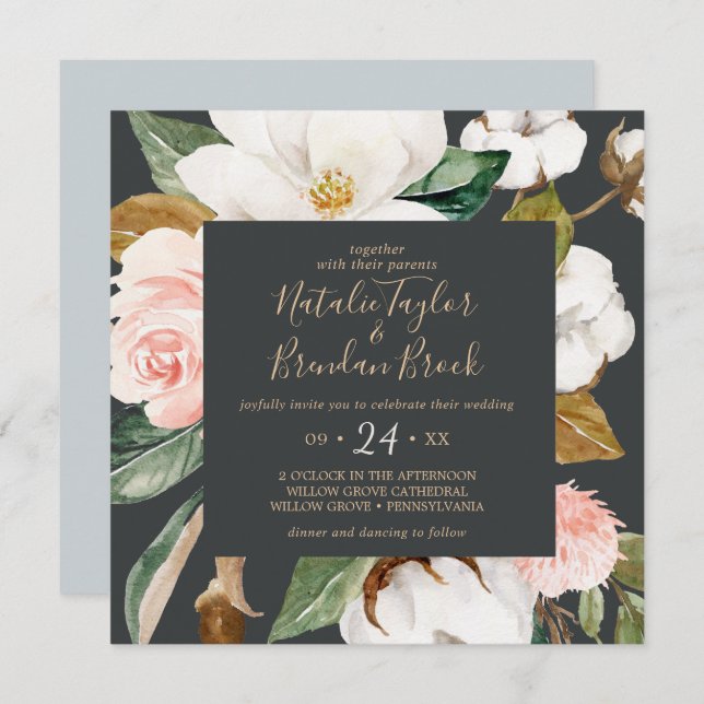 Invitation Élégant Magnolia | Mariage Carré noir et blanc (Devant / Derrière)