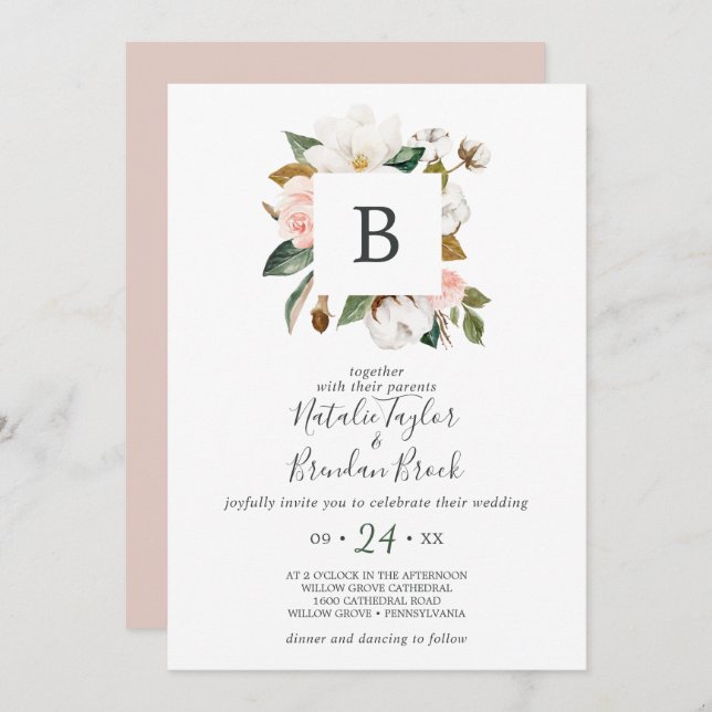 Invitation Élégant Magnolia | Mariage de monogramme blanc et  (Devant / Derrière)