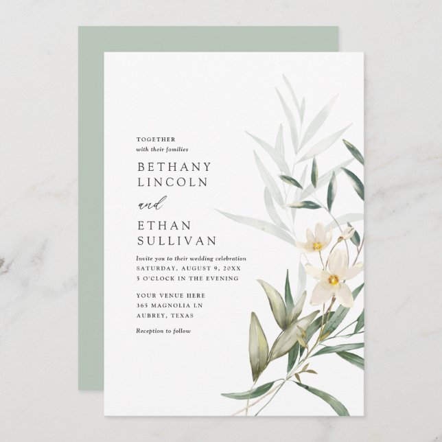 Invitation Elégant Magnolia Mariage de verdure (Devant / Derrière)