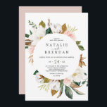 Invitation Élégant Magnolia | Mariage Décontracté blanc et bl<br><div class="desc">Cette élégante faire-part de mariage décontractée blanche et blush magnolia est parfaite pour un mariage moderne et classe. La décoration florale douce est composée de pivoines roses vertes et aquarelles,  de magnifiques fleurs de magnolia blanches et de coton avec de l'or et des feuilles verts dans un agencement luxueux.</div>