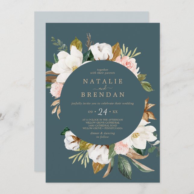 Invitation Élégant Magnolia | Mariage Décontracté Turquoise e (Devant / Derrière)