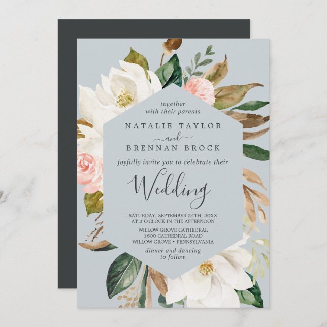 Invitation Élégant Magnolia | Mariage gris bleu (Devant / Derrière)