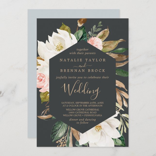 Invitation Élégant Magnolia | Mariage noir et blanc (Devant / Derrière)