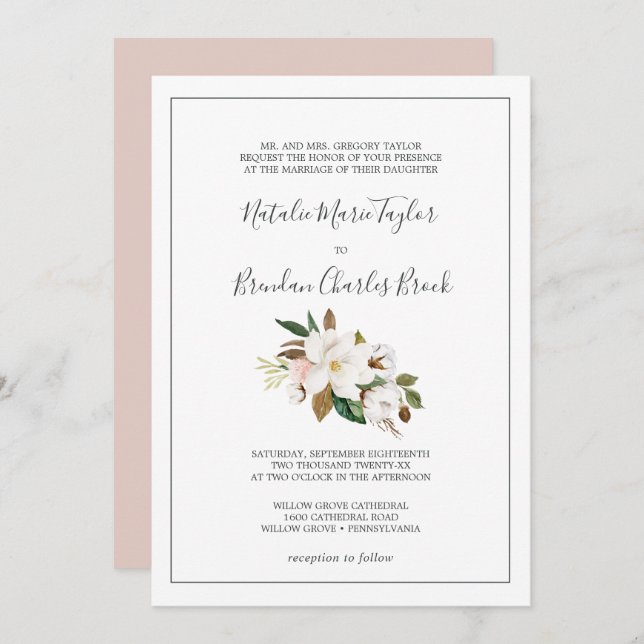 Invitation Élégant Magnolia | Mariage officiel blanc et blanc (Devant / Derrière)