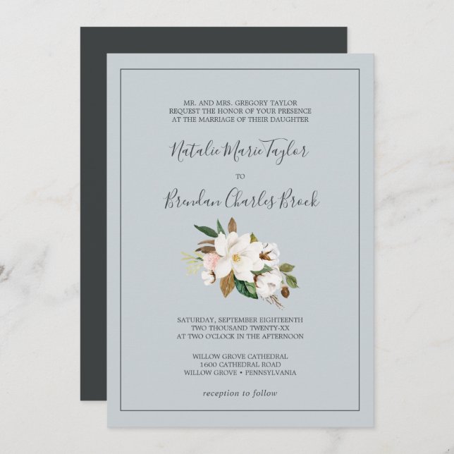 Invitation Élégant Magnolia | Mariage officiel gris bleu (Devant / Derrière)