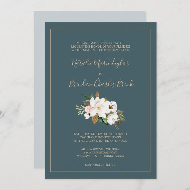 Invitation Élégant Magnolia | Mariage officiel Turquoise et b (Devant / Derrière)