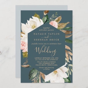 Invitation Élégant Magnolia   Mariage Turquoise et blanc