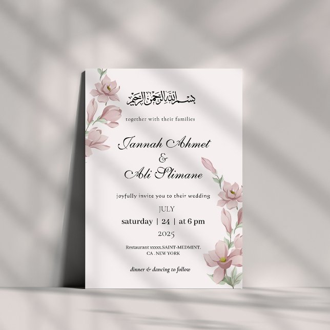 Invitation Élégant Magnolia rose doux Mariage musulman floral (Créateur téléchargé)