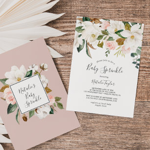 Invitation Élégant Magnolia   Saupoudrer bébé blanc et blanc