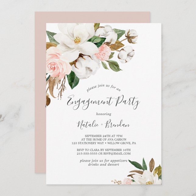 Invitation Élégant Magnolia White and Blush Engagement Party (Devant / Derrière)