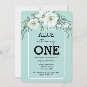 Invitation Elégant Magnolia White Pastel Vert 1er anniversair