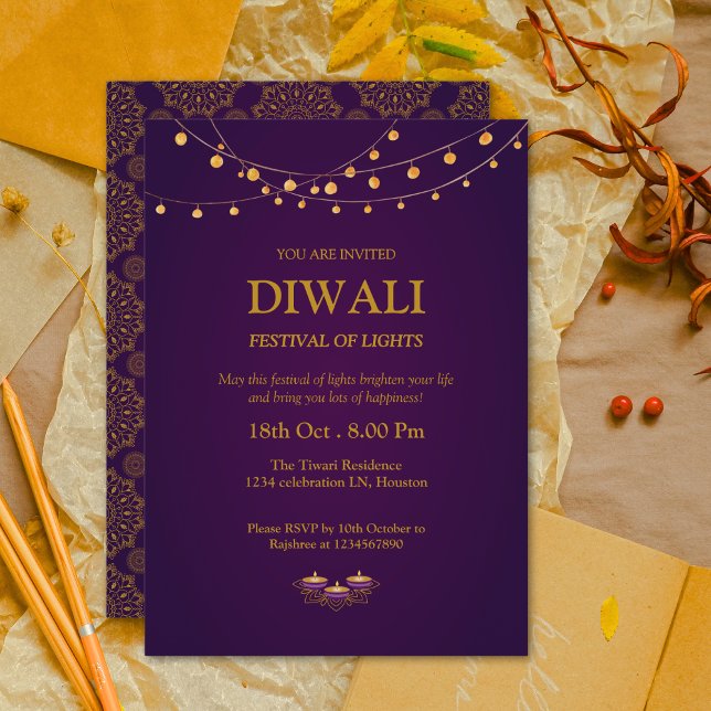 Invitation Élégant Mandala Diyas violet doré Diwali (Créateur téléchargé)
