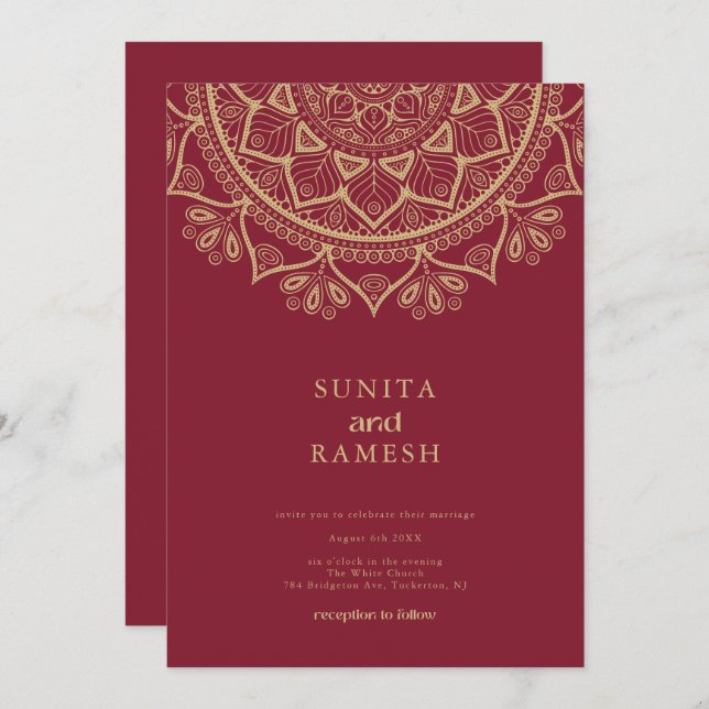 Invitation Elégant Mandala Gold Dark Red Mariage indien (Devant / Derrière)