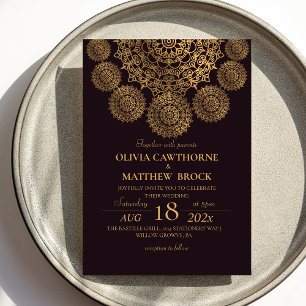 Invitation Élégant Mandala Gold Ornate Mariage Bourgogne