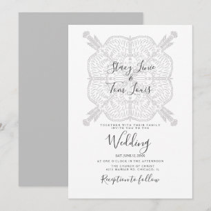 Invitation Elégant Mandala Grey Main blanche dessinée