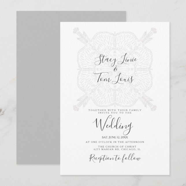 Invitation Elégant Mandala Grey Main blanche dessinée (Devant / Derrière)