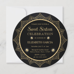 Invitation Élégant Mandala Noir et Or pour un Sweet Sixteen