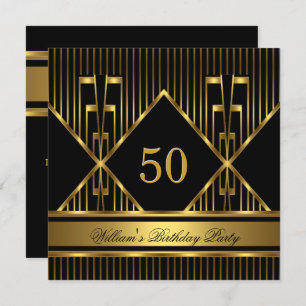 Invitation Élégant Mans Black Gold Stripe Anniversaire Hommes