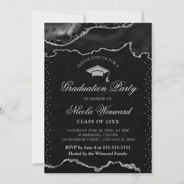Invitation Elégant Marbre d'Agate Noir et Argent Diplômé (Devant)