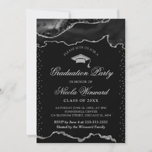 Invitation Elégant Marbre d'Agate Noir et Argent Diplômé
