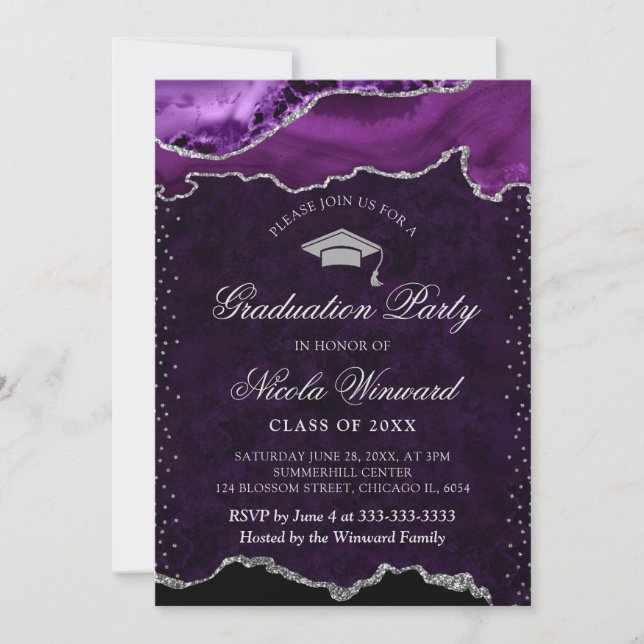 Invitation Élégant Marbre d'agate Violet et Argent pour la Re (Devant)