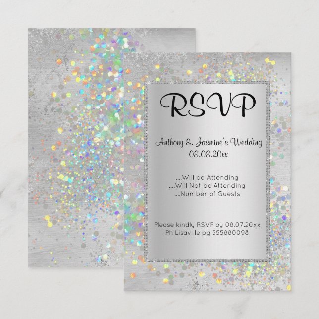 INVITATION ELEGANT MARBRE D'ARGENT HOLOGRAPHIQUE RSVP (Devant / Derrière)