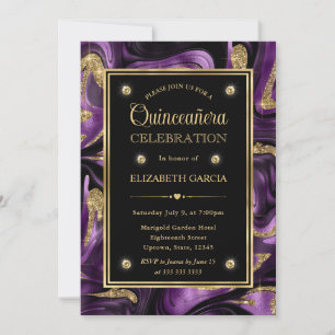 Invitation Élégant Marbre de Quinceañera à Feuille d'Or Viole