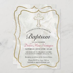 Invitation Élégant Marbre Gold Baby Girls Baptism