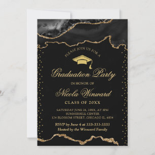 Invitation Elégant Marbre Noir et Or Agate Remise de Diplômes
