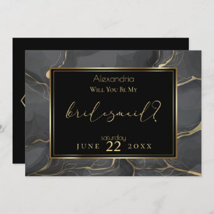 Invitation Élégant marbre noir et or Be My Bridesmaid