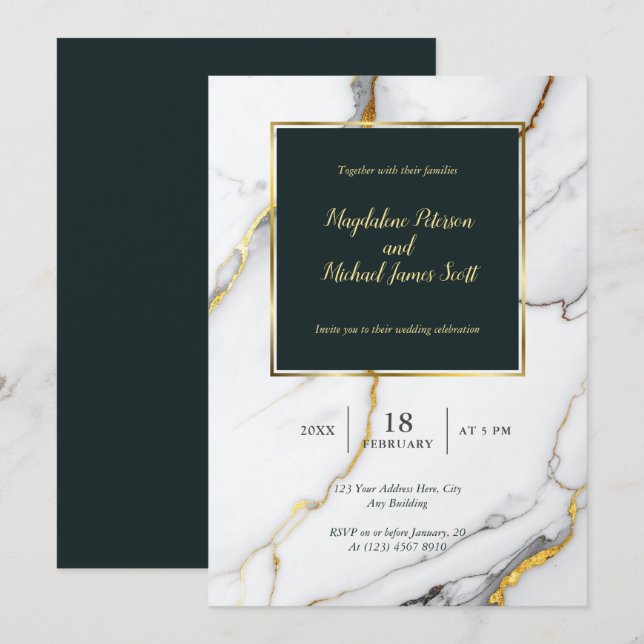 Invitation Élégant marbre noir et or Mariage de script classi (Devant / Derrière)