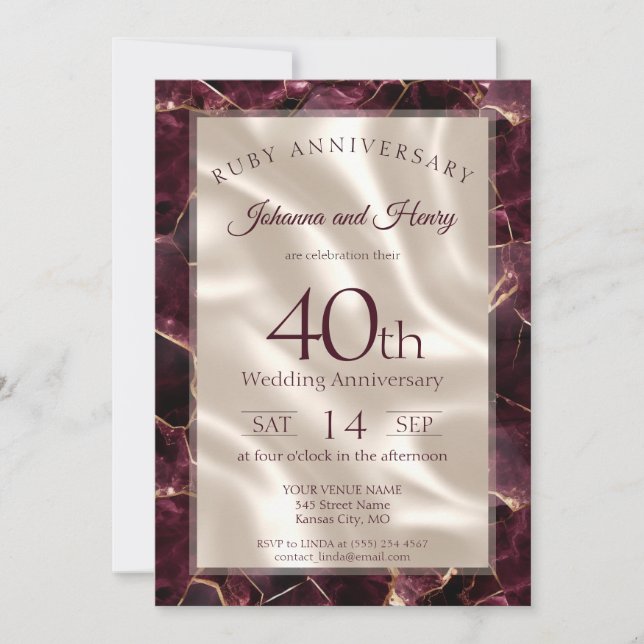 Invitation Élégant Marbre Rubis 40e Anniversaire de Mariage (Devant)
