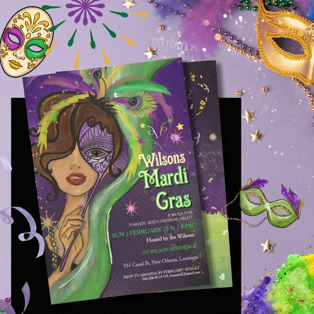 Invitation Elegant Mardi Gras Masquerade Hand-drawn Portrait (Elegant Mardi Gras Masquerade Hand-drawn Portrait Invitation (2))
