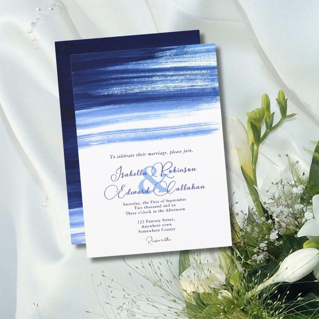 Invitation Élégant mariage à coups de pinceau bleu marine et  (Créateur téléchargé)