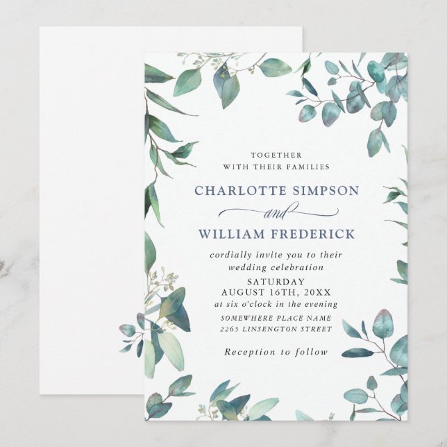 Invitation Élégant mariage à l'aquarelle avec verdure d'eucal (Devant / Derrière)