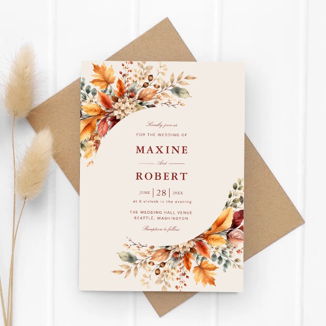 Invitation Élégant Mariage à l'Aquarelle Douce de Feuillage d (Elegant autumn foliage wedding invitation welcomes guests with warmth.)