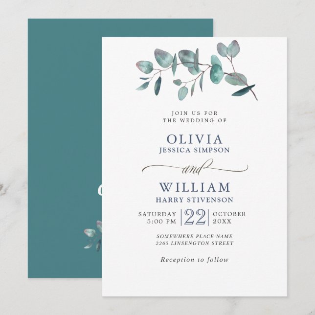 Invitation Élégant mariage à l'aquarelle Eucalyptus Verdure (Devant / Derrière)