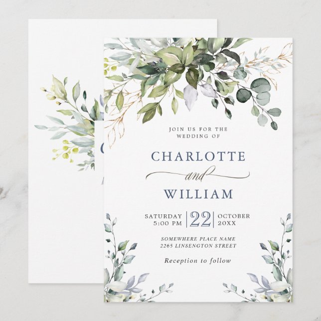 Invitation Élégant mariage à l'aquarelle Eucalyptus verdure (Devant / Derrière)